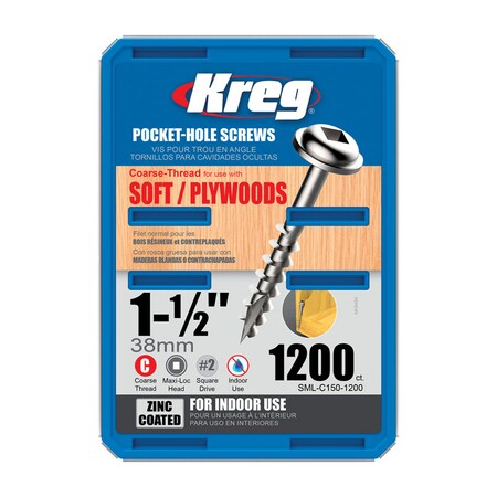 Kreg Wood Screw, #8, Square Drive, 1200 PK SML-C150-1200